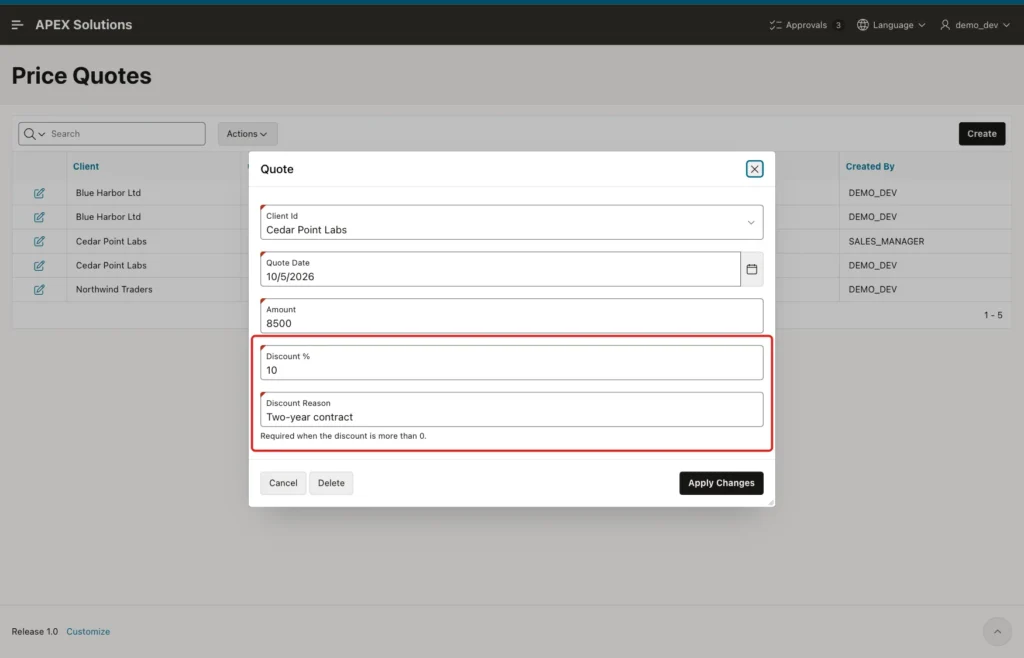 Edit dialog of a quote with Discount % 10, reason Two-year contract and the required marker, marked with a red box