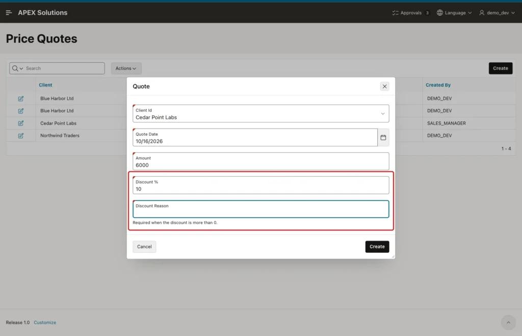 Quote dialog with Discount % 10 and the red required marker on Discount Reason, marked with a red box