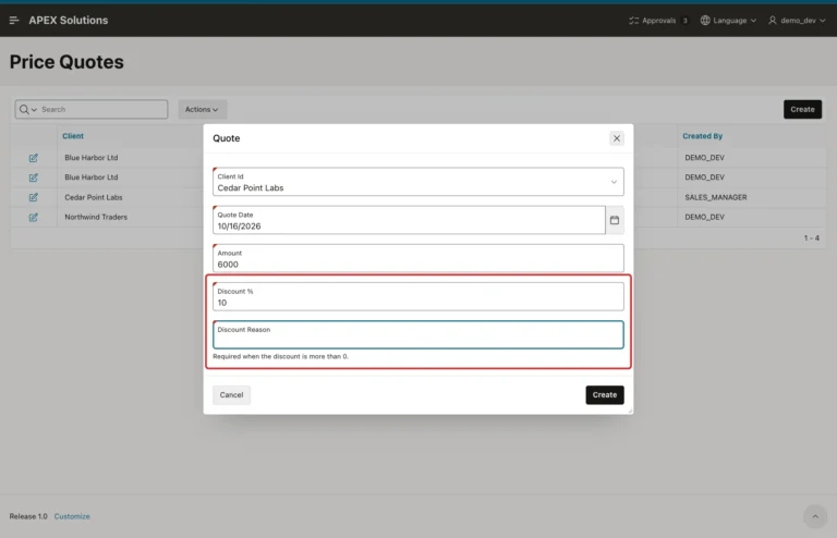 Quote dialog with Discount % 10 and the red required marker on Discount Reason, marked with a red box