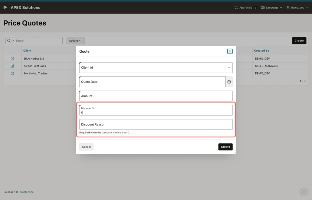 New Quote dialog with Discount % 0 and Discount Reason without a required marker, both marked with a red box