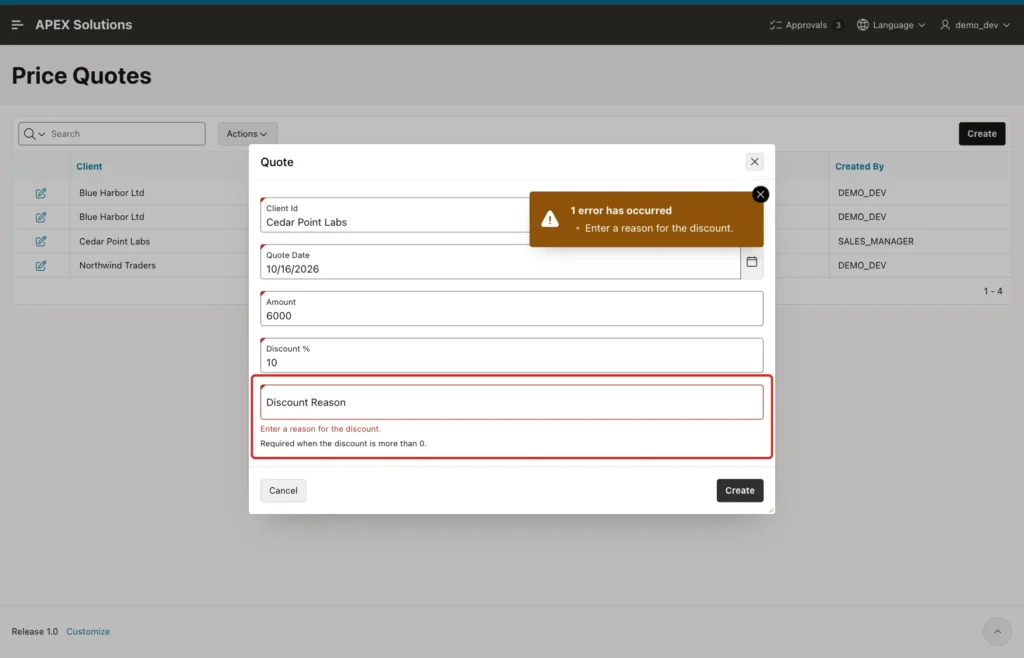 Quote dialog with the server error Enter a reason for the discount. below Discount Reason, marked with a red box