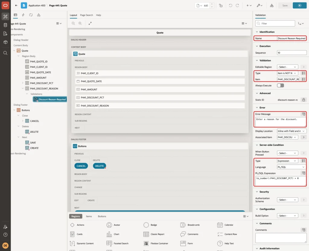 Validation Discount Reason Required with Name, Type, Item, Error Message and the Server-side Condition expression marked with red boxes