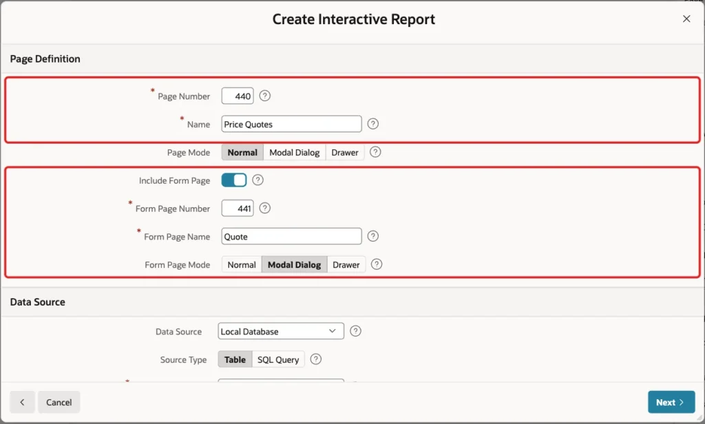 Create Interactive Report wizard with page 440 Price Quotes and form page 441 Quote marked with red boxes