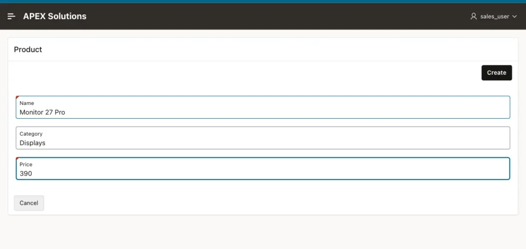 Oracle APEX Product form with name Monitor 27 Pro, category Displays and price 390, and only the Create button