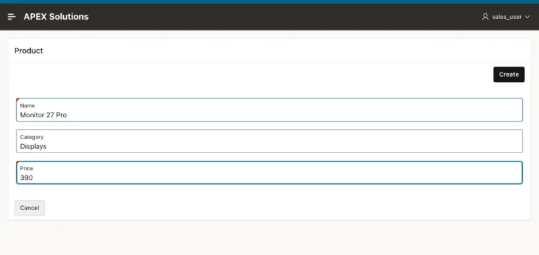 Oracle APEX Product form with name Monitor 27 Pro, category Displays and price 390, and only the Create button