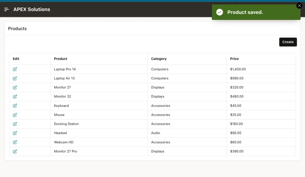 Oracle APEX Products report with Product saved message and both Monitor 27 and Monitor 27 Pro listed