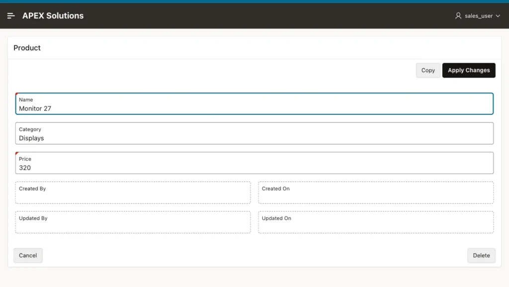 Oracle APEX Product form for Monitor 27 with Copy and Apply Changes buttons