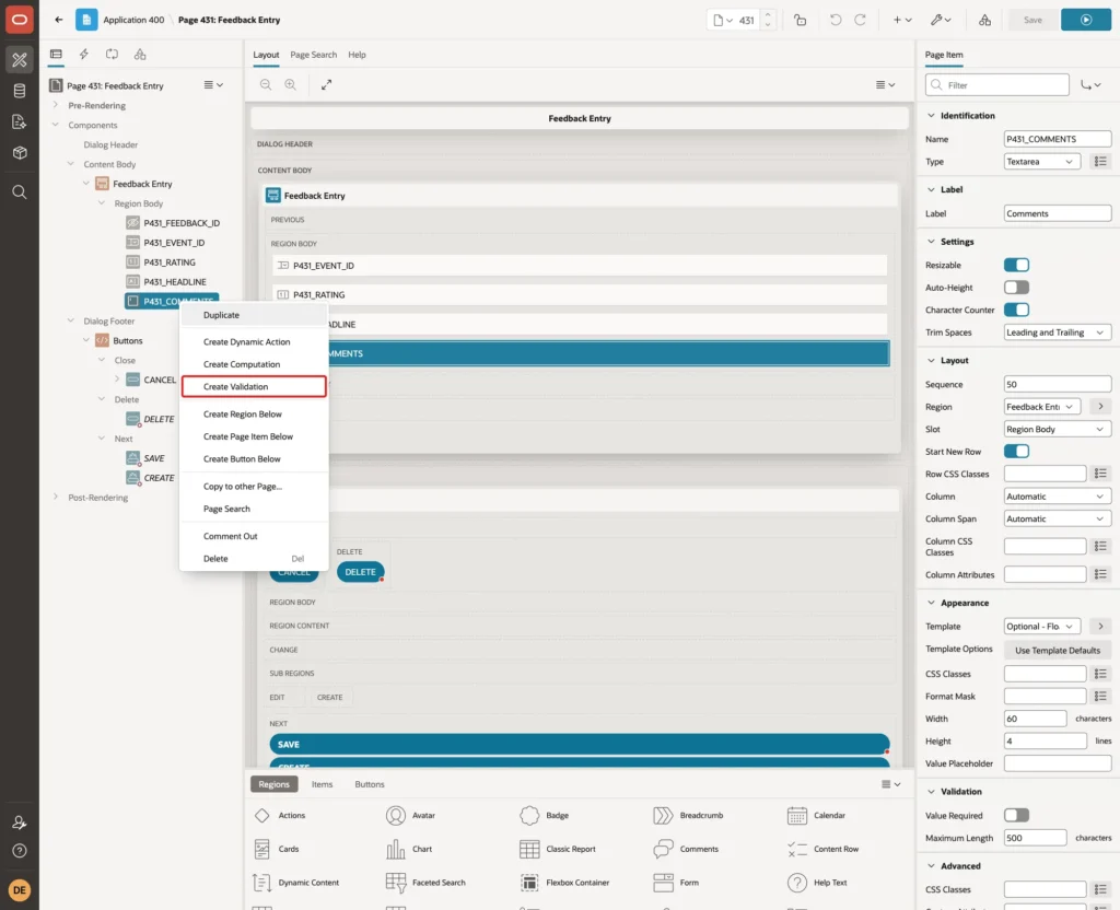 Context menu of P431_COMMENTS with Create Validation marked with a red box