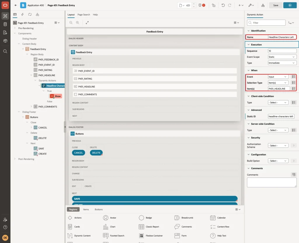 Dynamic action Headline Characters Left with Name, Event Input, Selection Type and Item(s) marked with red boxes