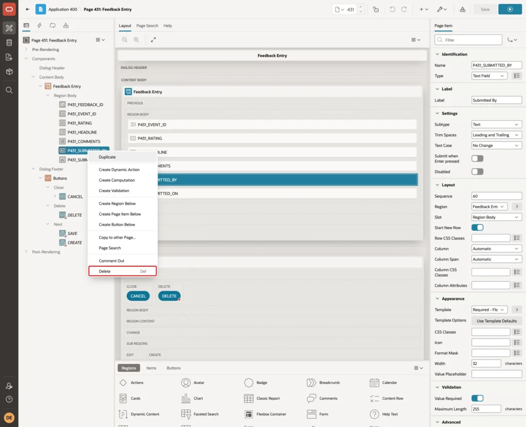 Page Designer context menu of P431_SUBMITTED_BY with Delete marked with a red box