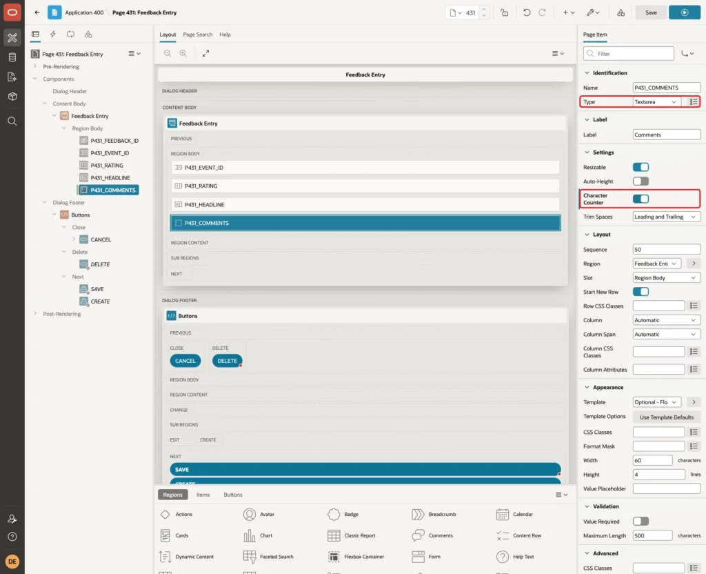 Page Designer with P431_COMMENTS selected and Type Textarea and Character Counter on marked with red boxes