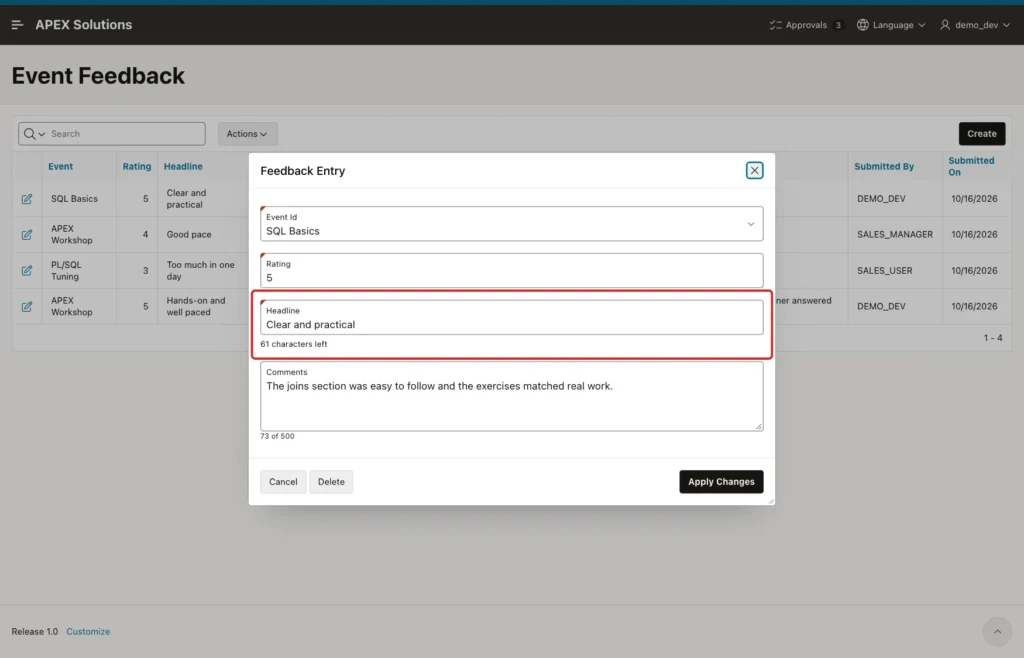 Edit dialog of Clear and practical with 61 characters left below the Headline marked with a red box and 73 of 500 below Comments