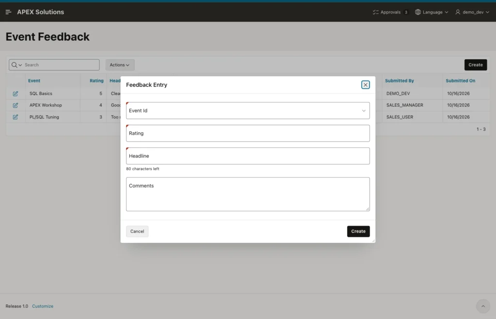 Empty Feedback Entry dialog with 80 characters left below the Headline field