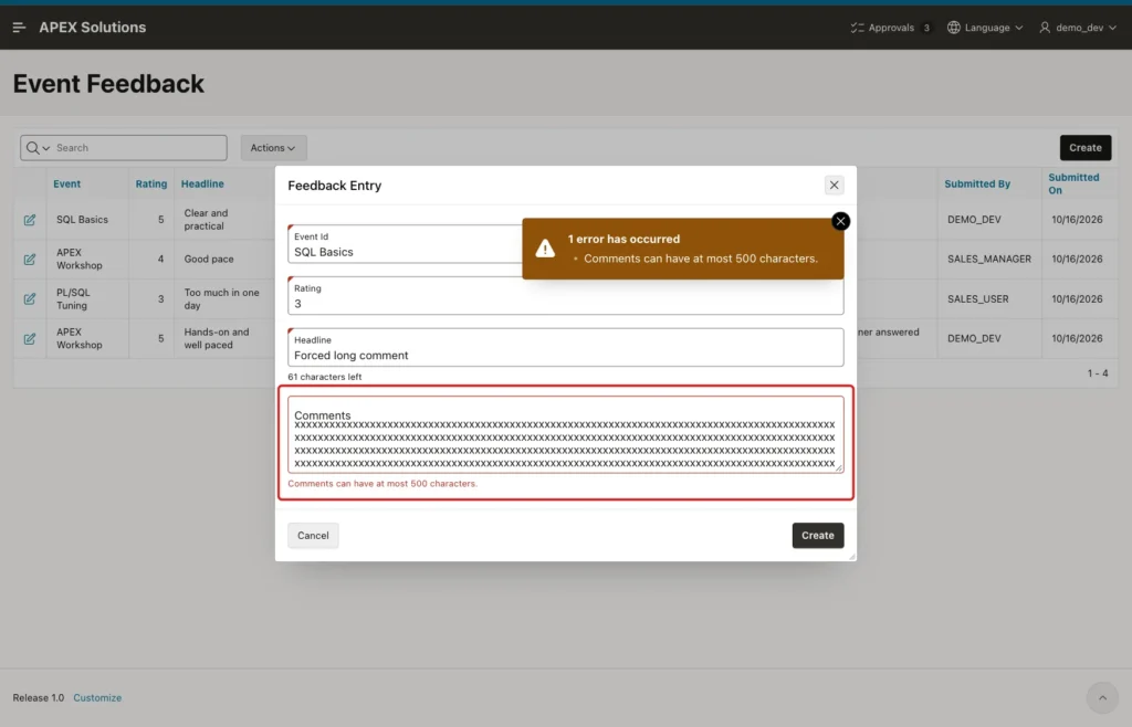 Feedback Entry dialog with the inline error Comments can have at most 500 characters. marked with a red box