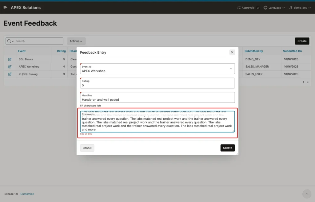 Comments field full with the red counter 500 of 500 marked with a red box