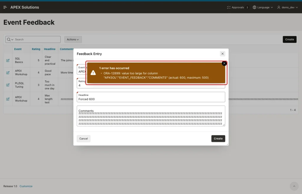 Feedback Entry dialog with the error ORA-12899 value too large for column COMMENTS (actual 600, maximum 500) marked with a red box