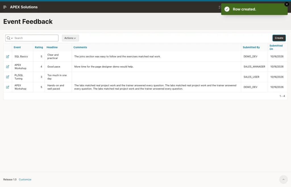 Event Feedback report with the new entry Hands-on and well paced and the Row created message