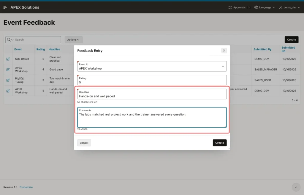 Feedback Entry dialog with 57 characters left below Headline and 76 of 500 below Comments, both marked with a red box