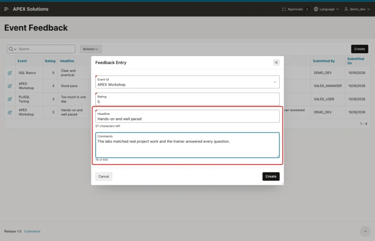 Feedback Entry dialog with 57 characters left below Headline and 76 of 500 below Comments, both marked with a red box