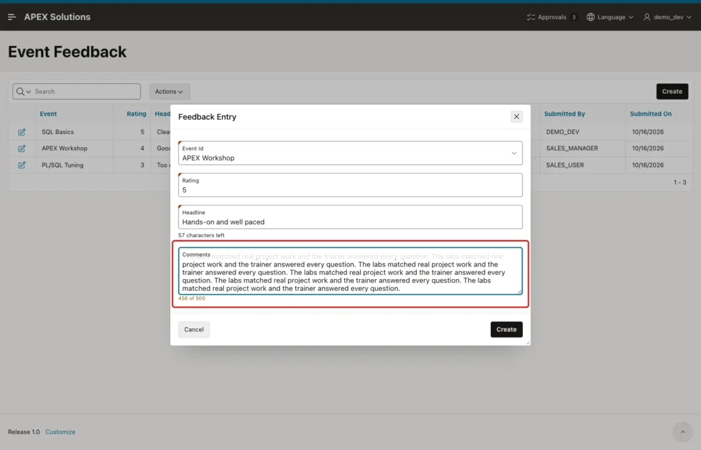 Comments field with 456 characters and the amber counter 456 of 500 marked with a red box
