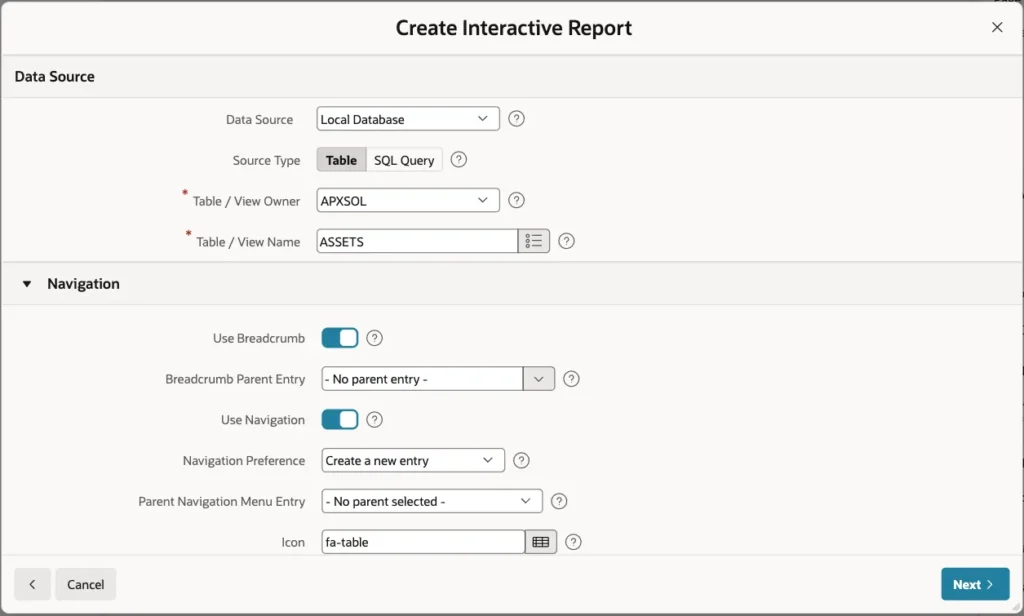 Navigation section of the Create Interactive Report wizard