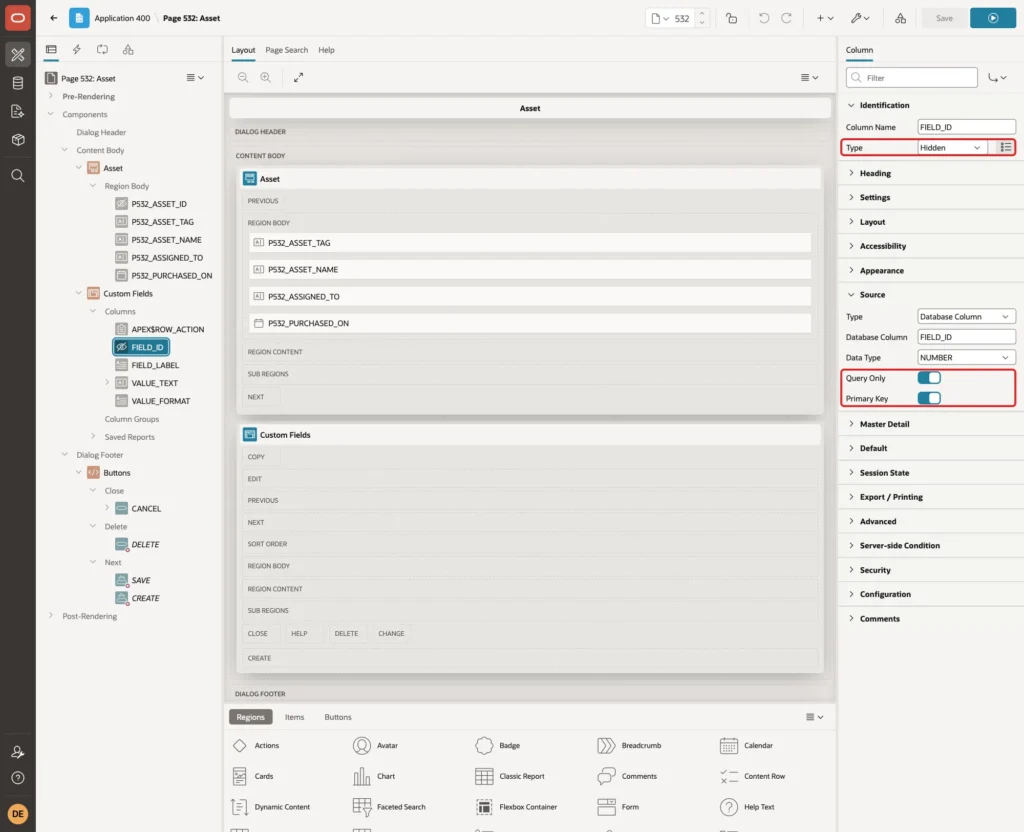 Column FIELD_ID with Type Hidden, Query Only on and Primary Key on marked with red boxes