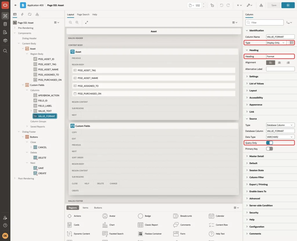 Column VALUE_FORMAT with Type Display Only, Heading Format and Query Only marked with red boxes