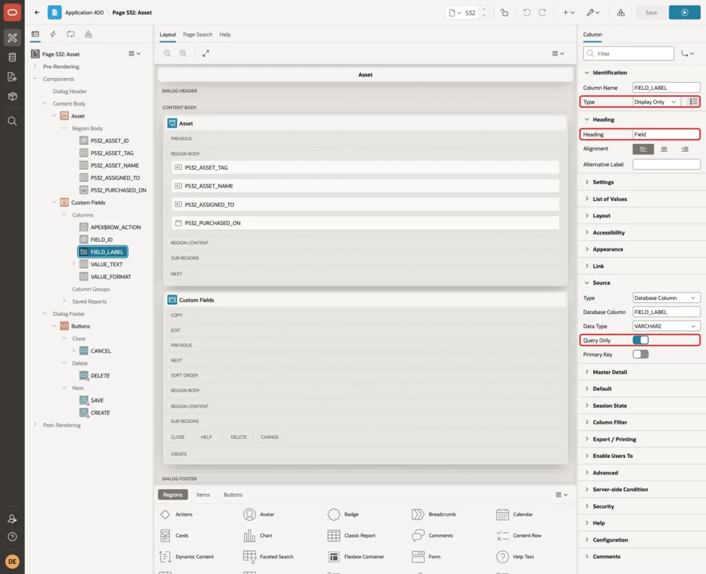Column FIELD_LABEL with Type Display Only, Heading Field and Query Only marked with red boxes