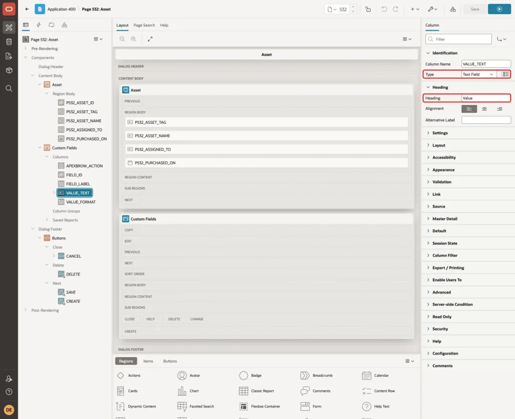 Column VALUE_TEXT with Type Text Field and Heading Value marked with red boxes