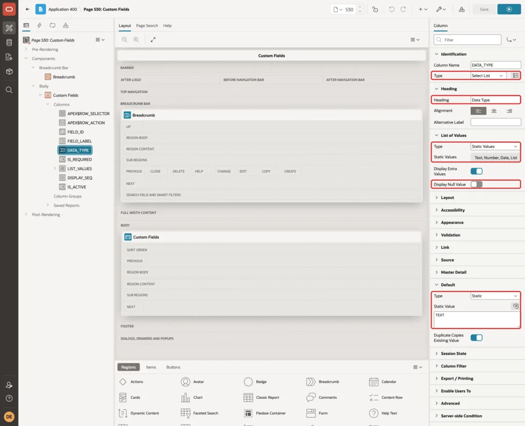 Page Designer with column DATA_TYPE selected; Type Select List, Heading, static values Text, Number, Date, List, Display Null Value off and default TEXT marked with red boxes