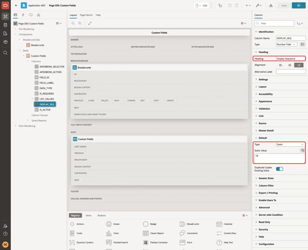 Column DISPLAY_SEQ with Heading Display Sequence and Static default 10 marked with red boxes