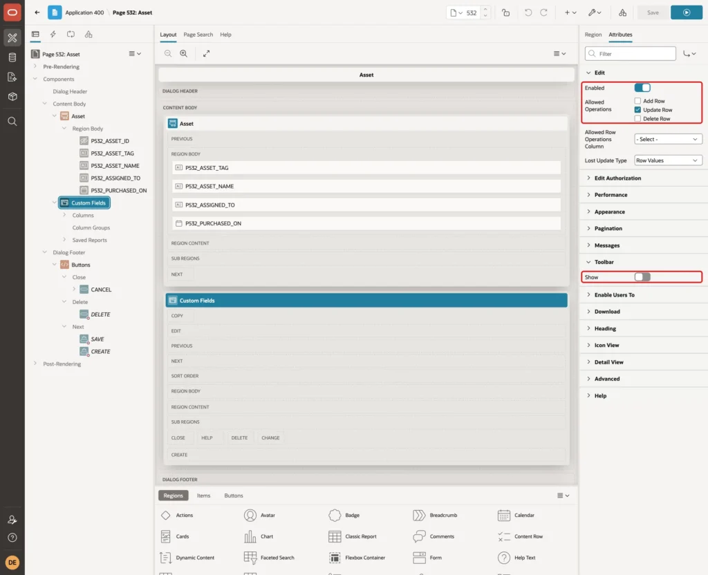 Grid attributes with Edit Enabled, Allowed Operations Update Row only and Toolbar Show off marked with red boxes