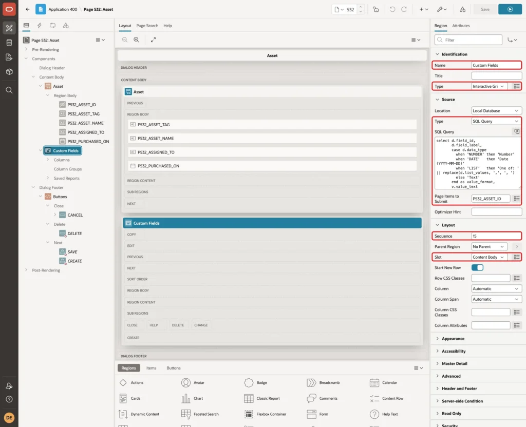 Region Custom Fields with Name, Type Interactive Grid, Source Type SQL Query, the SQL query, Page Items to Submit P532_ASSET_ID, Sequence 15 and Slot Content Body marked with red boxes