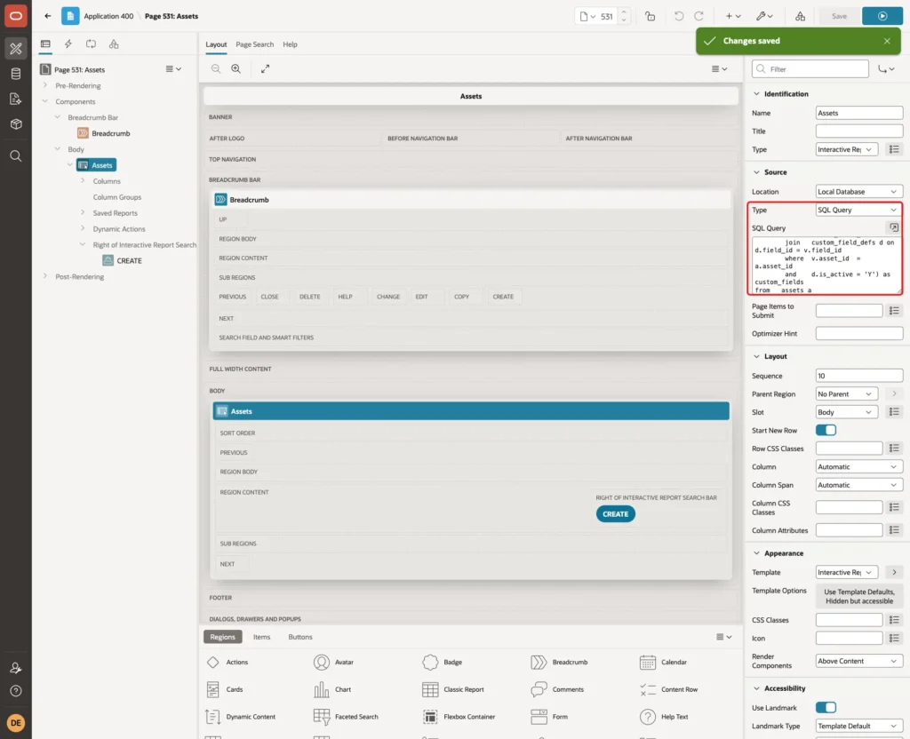 Assets region with Source Type SQL Query and the query with LISTAGG marked with red boxes