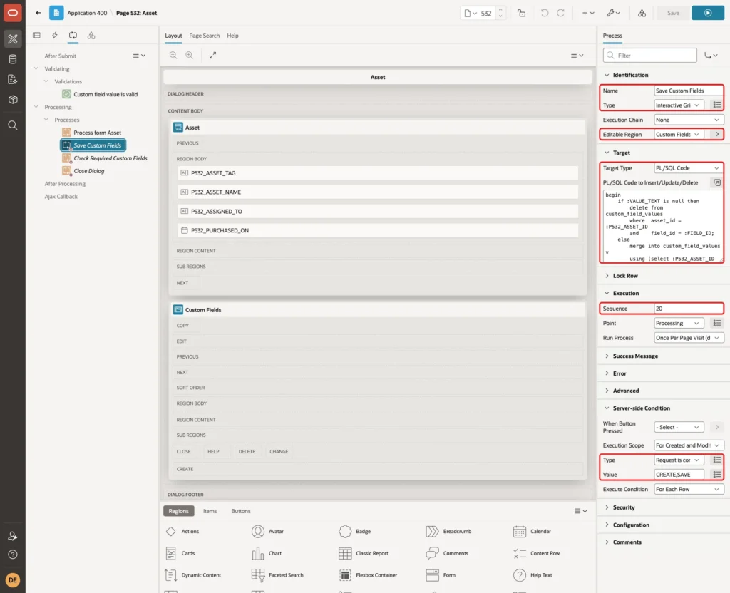 Process Save Custom Fields with Type Interactive Grid Automatic Row Processing, Editable Region, Target Type PL/SQL Code, the code, Sequence 20 and server-side condition CREATE,SAVE marked with red boxes