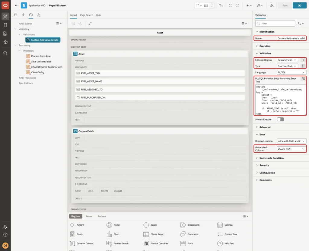 Validation Custom field value is valid with Editable Region Custom Fields, Type Function Body returning Error Text, the PL/SQL code and Associated Column VALUE_TEXT marked with red boxes