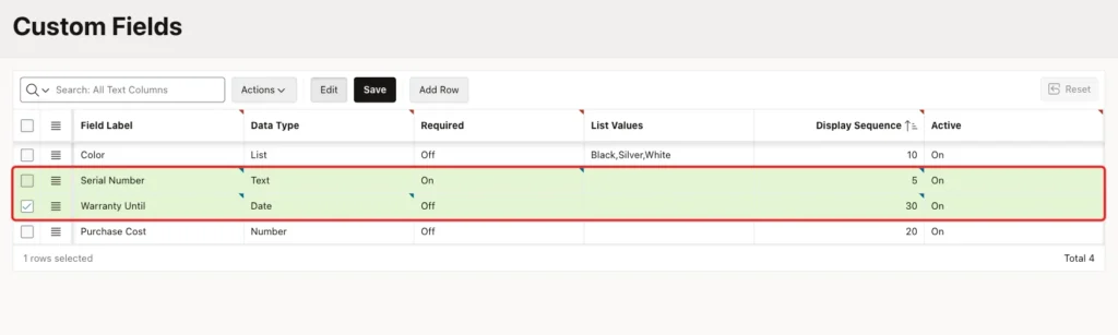 Custom Fields grid with the new rows Serial Number and Warranty Until marked with a red box