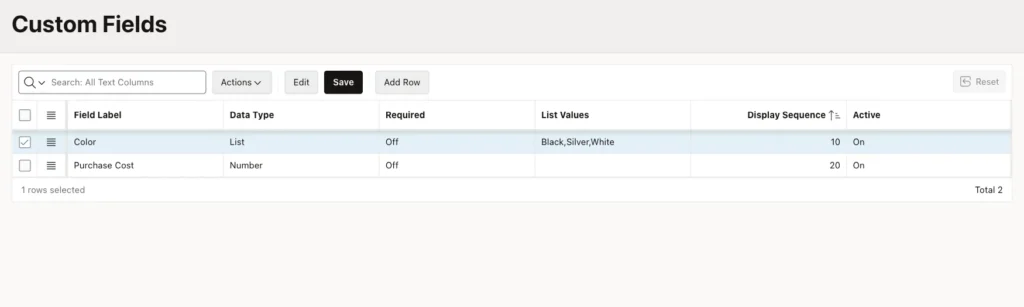 Custom Fields grid with the fields Color and Purchase Cost