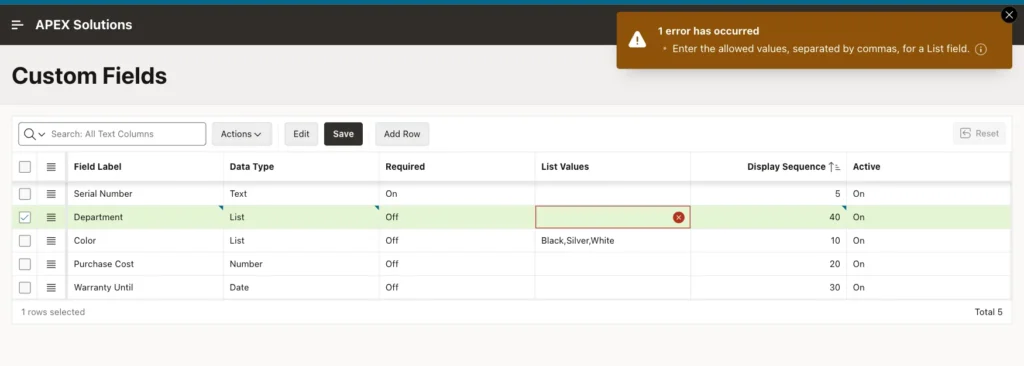Error message Enter the allowed values, separated by commas, for a List field, with the empty List Values cell marked