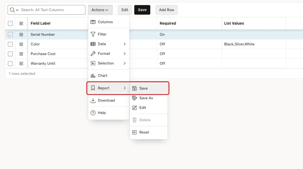 Interactive Grid Actions menu with Report and Save marked with a red box