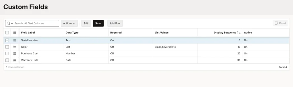 Custom Fields grid sorted by Display Sequence: Serial Number, Color, Purchase Cost, Warranty Until