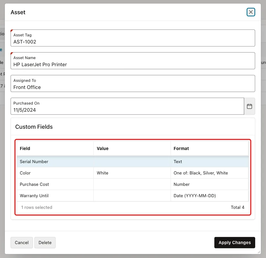Asset dialog for AST-1002 with the Custom Fields grid marked with a red box: Serial Number, Color White, Purchase Cost and Warranty Until
