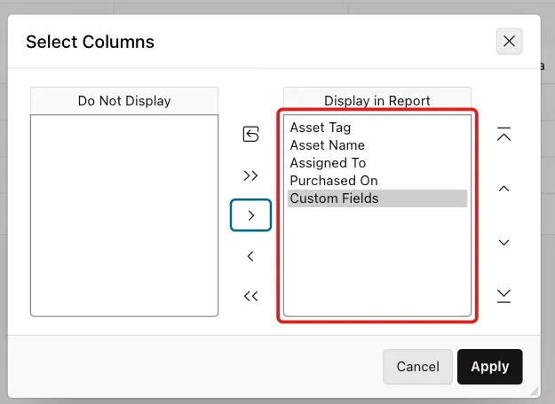 Select Columns dialog with Custom Fields moved to the Display in Report list marked with a red box