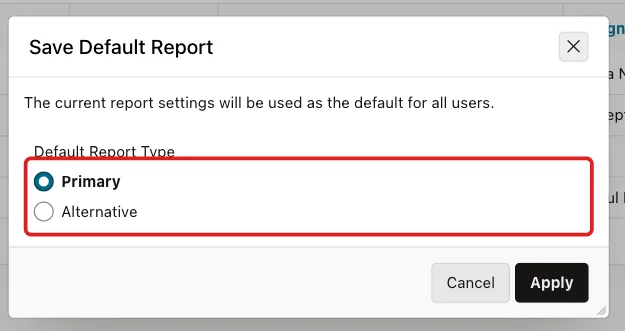 Save Default Report dialog with Default Report Type Primary marked with a red box