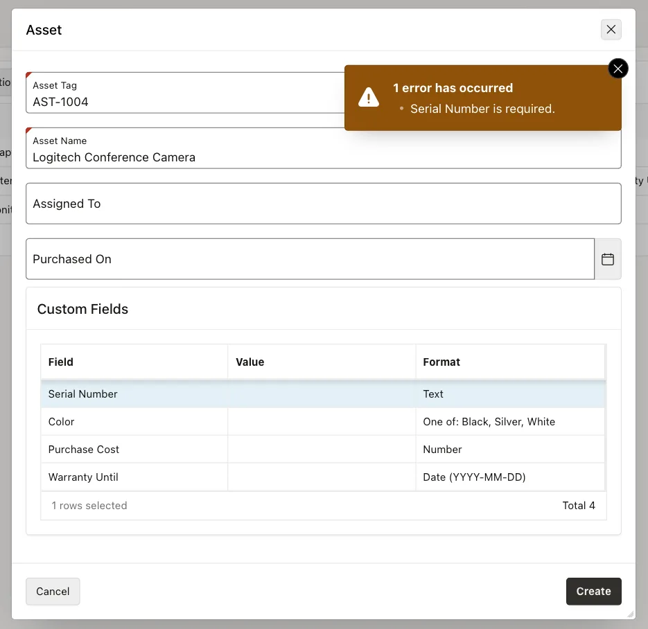 New asset dialog for AST-1004 with the error Serial Number is required