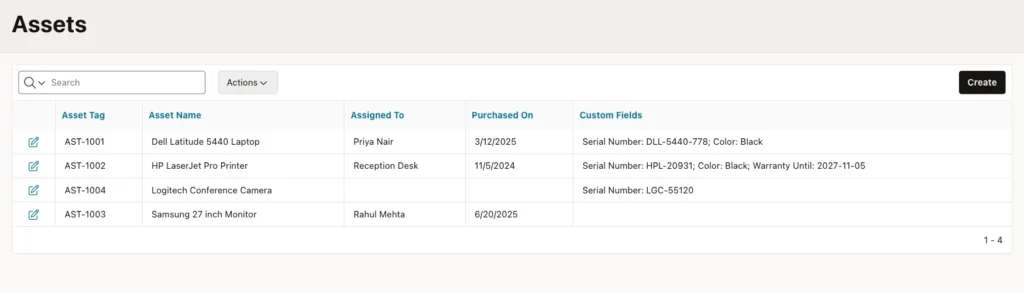 Assets interactive report with a Custom Fields column showing the serial numbers, colors and warranty date