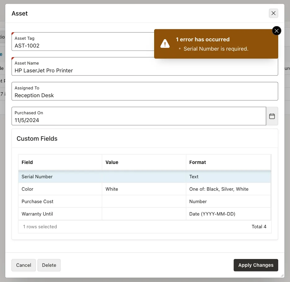 Asset dialog with the error Serial Number is required