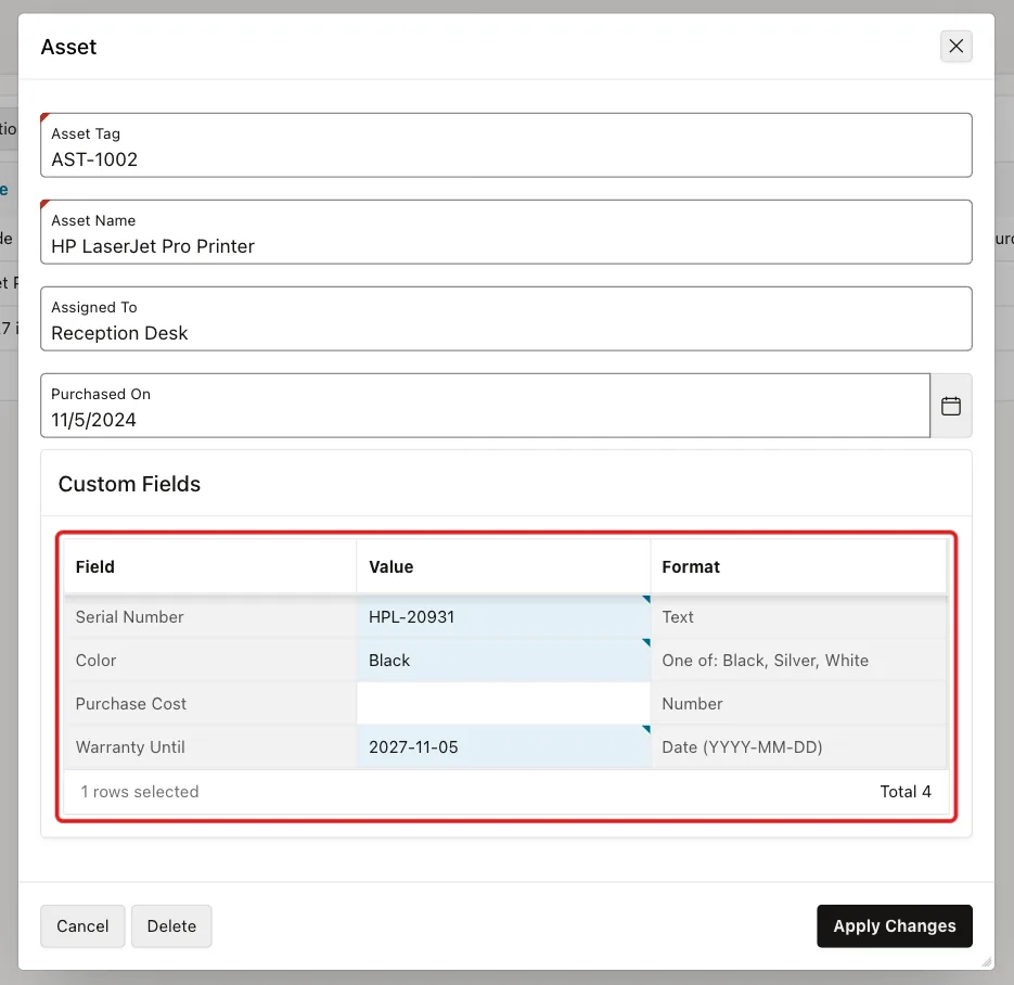 Asset dialog with Serial Number HPL-20931, Color Black and Warranty Until 2027-11-05 in the grid marked with a red box