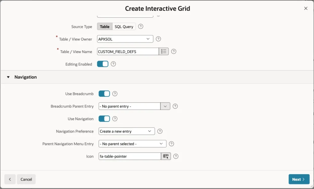 Navigation section of the Create Interactive Grid wizard with breadcrumb and navigation menu options