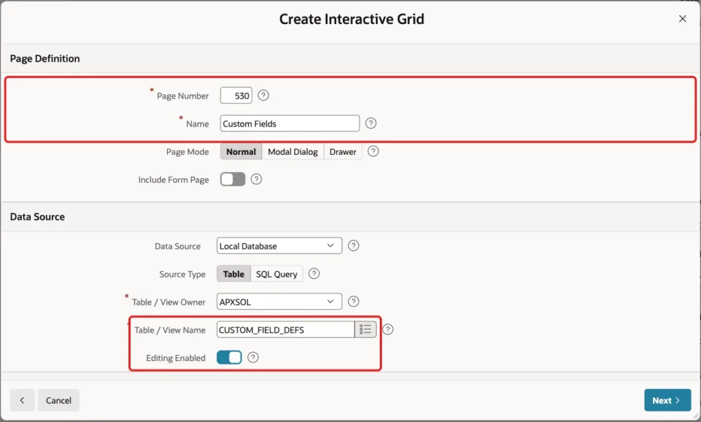 Create Interactive Grid screen with page 530 Custom Fields, table CUSTOM_FIELD_DEFS and Editing Enabled marked with red boxes